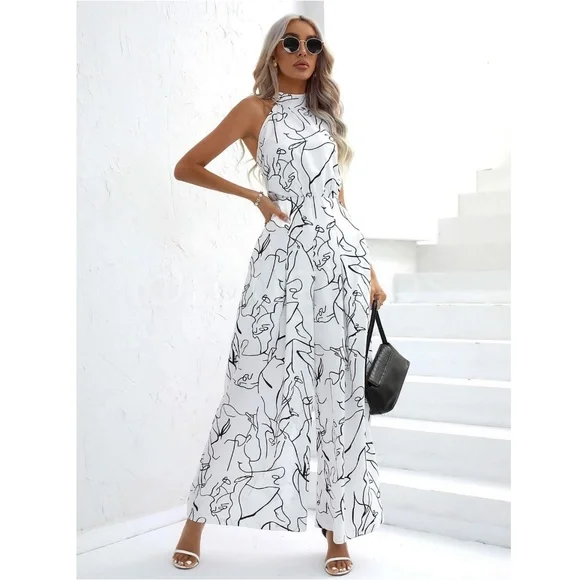 Abstract Print Black on White Long Wide Leg Halter Jumpsuit - Picture 6 of 7
